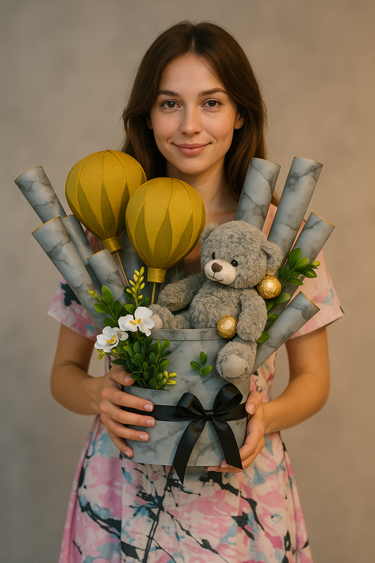 Marble-effect gift box with grey teddy bear, Ferrero chocolates, gold balloon decor, and white flowers – perfect for luxury gifting in Pakistan