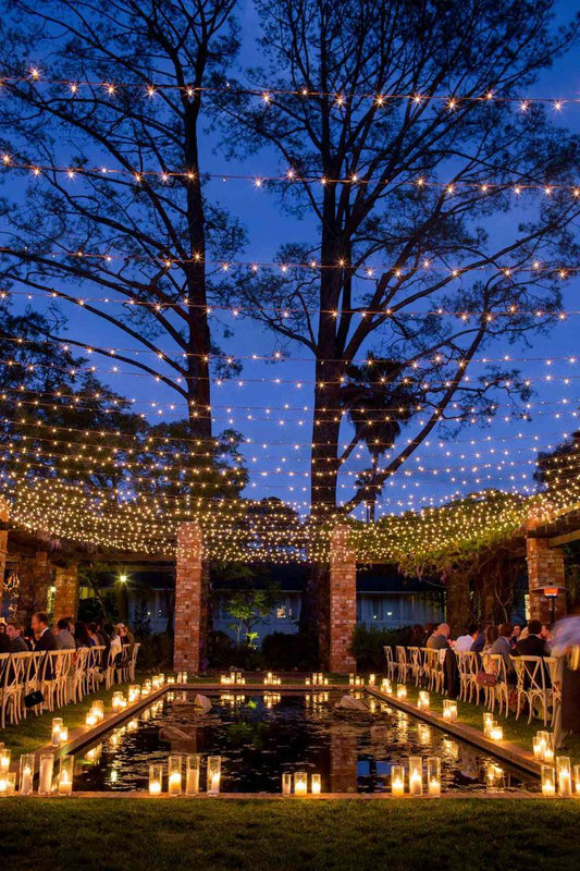 Outdoor string lights draped over trees and a pathway, creating a magical ambiance for a garden or event.