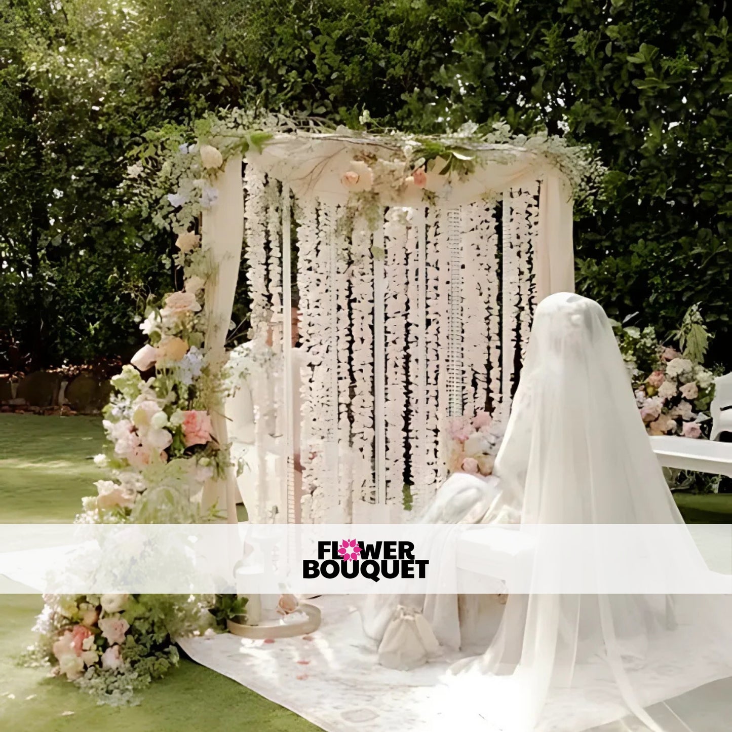 Outdoor Nikah canopy with white drapes, pastel floral decor, and greenery in a garden setting.