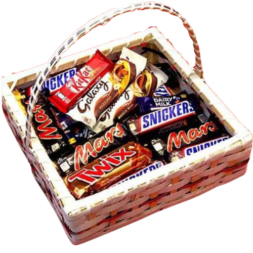 "Premium chocolate basket with Mars, Twix, KitKat, Snickers, Galaxy and Dairy Milk for delivery in Pakistan"