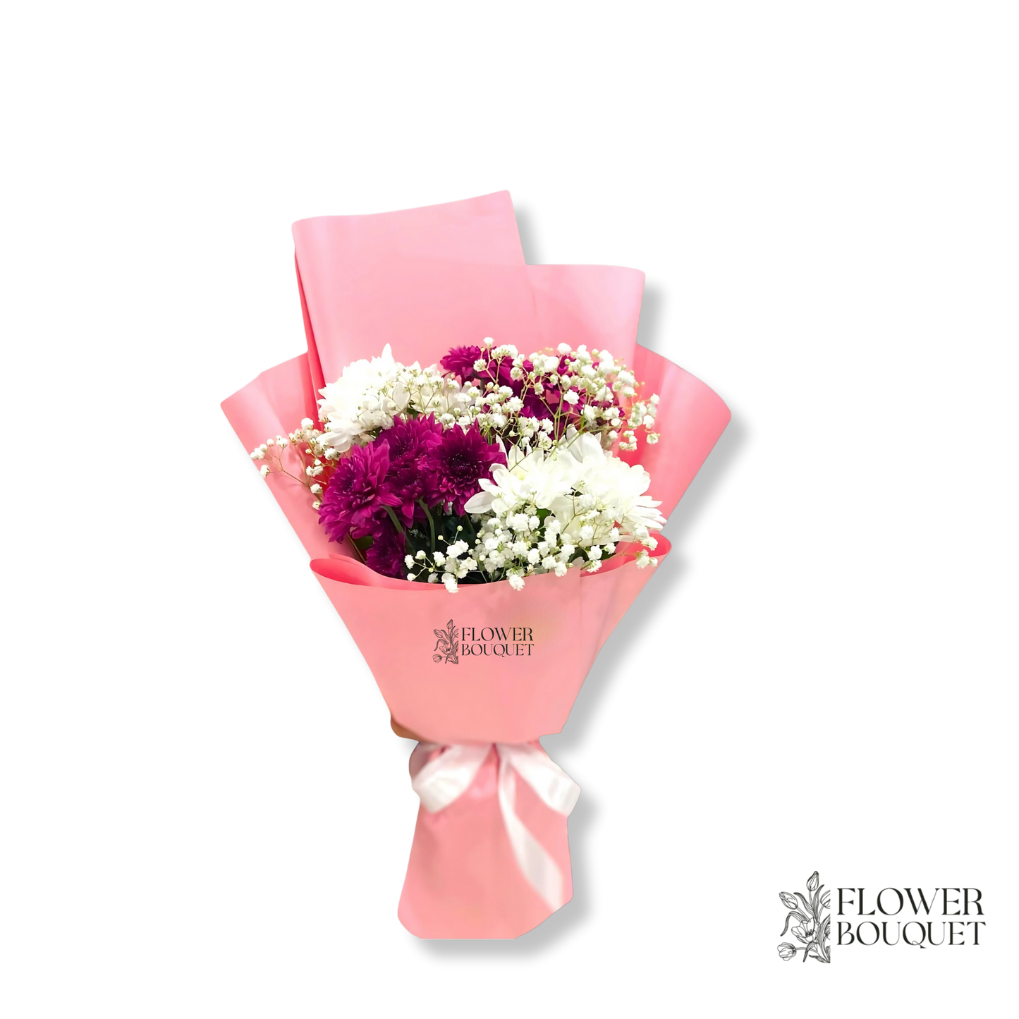 A vibrant and colorful bouquet featuring lush fuchsia chrysanthemums and delicate white daisies, wrapped in a soft pink paper for a romantic and feminine presentation.