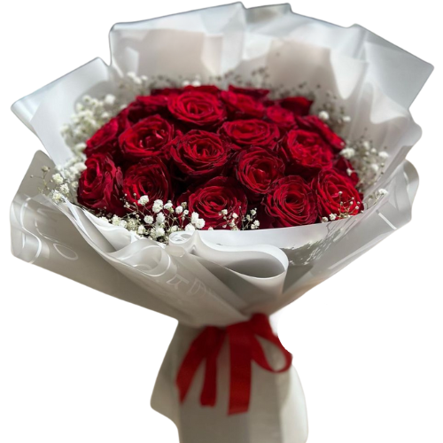 Red rose bouquet with baby’s breath wrapped in white paper and red ribbon