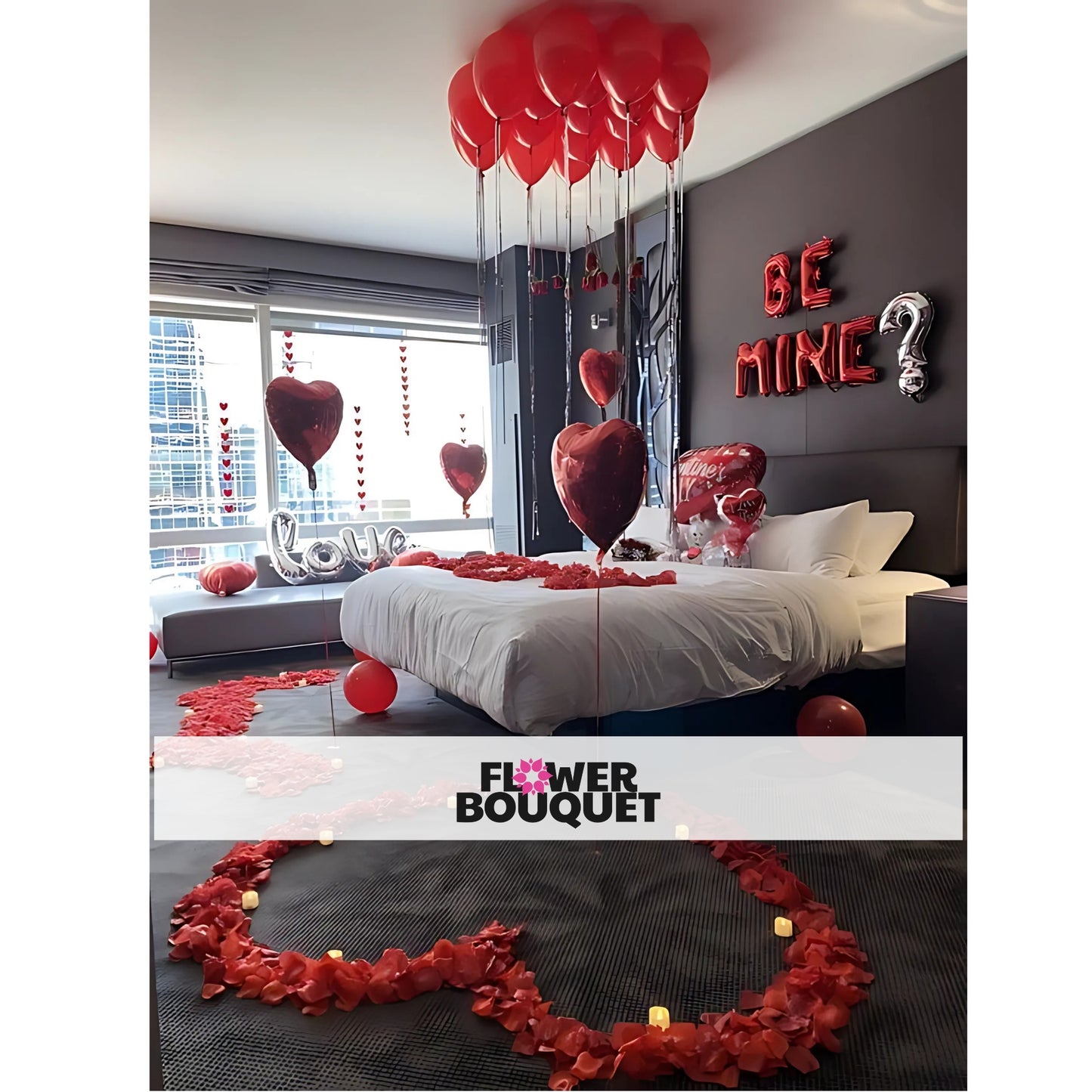 Romantic Balloon and Rose Petal Room Decor with red and black balloons, heart-shaped rose petals, and "love" balloon.