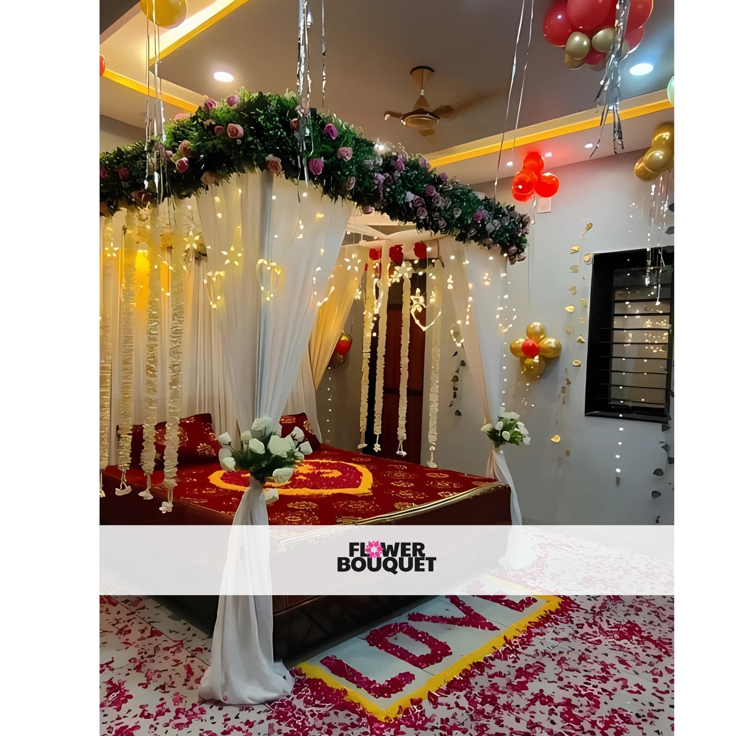 Romantic Flower Bouquet Bed Decor with red bedspread, heart design, white curtains, floral garlands, string lights, green foliage, pink flowers, and "LOVE" flower petal design.