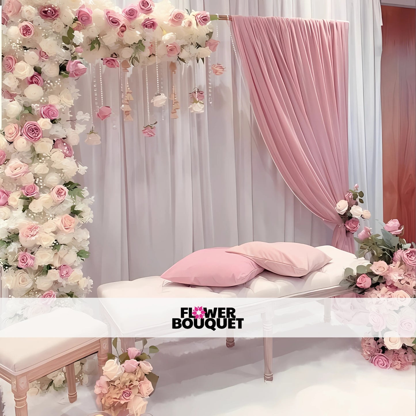 Nikah canopy with pink drapes, white hanging flowers, and floral seating arrangement.