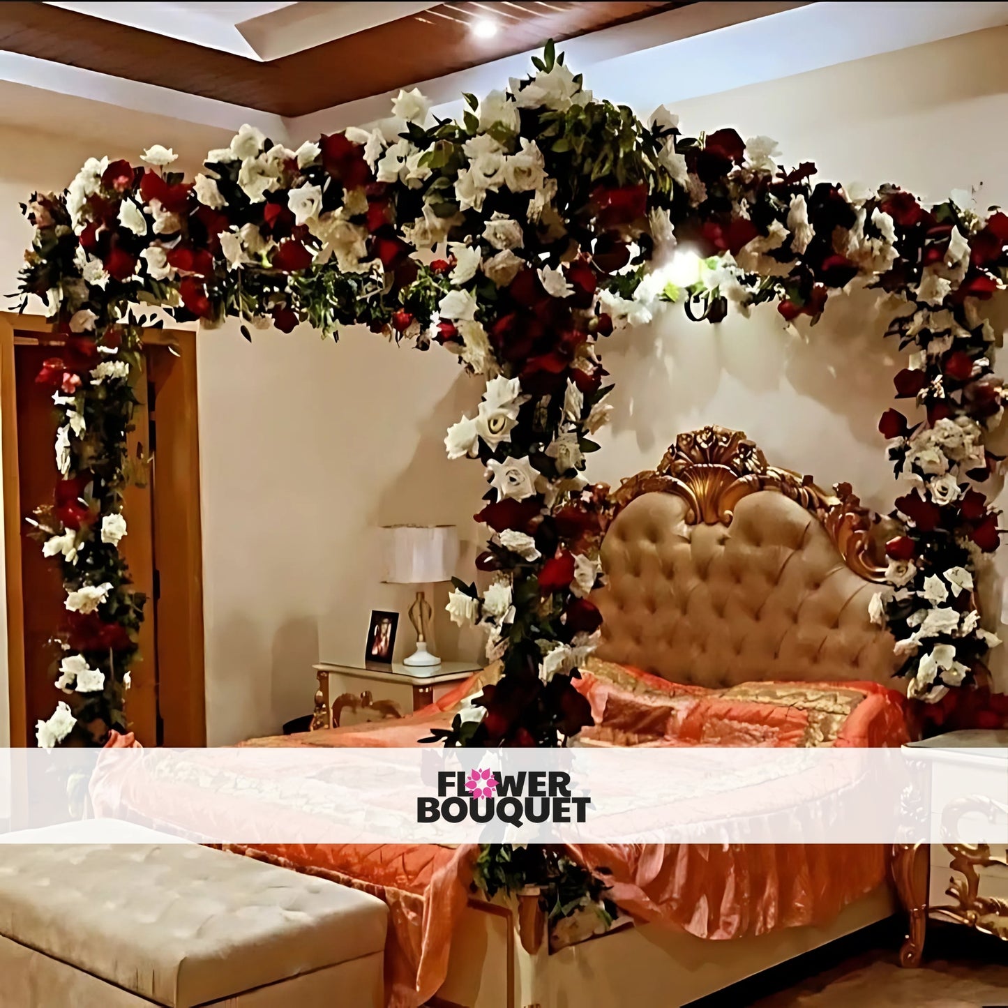 Romantic Garden Canopy Bed Decor with red and white flowers, green foliage, pink drapes, and dark blue bedding.
