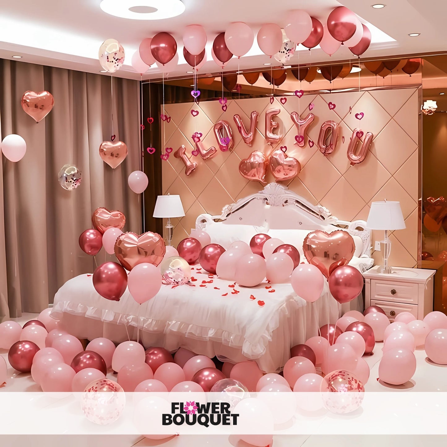 Romantic "I Love You" Bedroom Decor with pink and rose gold balloons, heart-shaped confetti, and "I LOVE YOU" balloons.