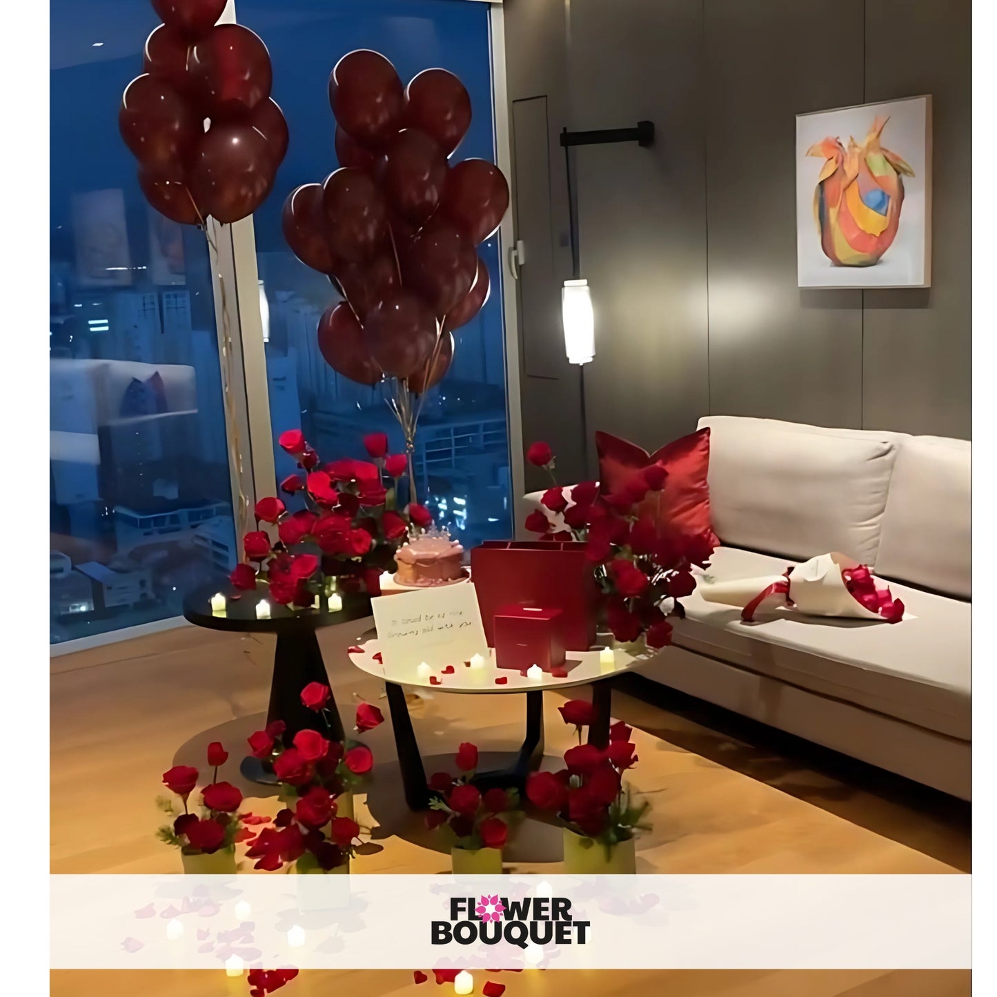 Romantic Miss You Living Room Decor with red balloons, roses, candles, cake, and a heartfelt card.