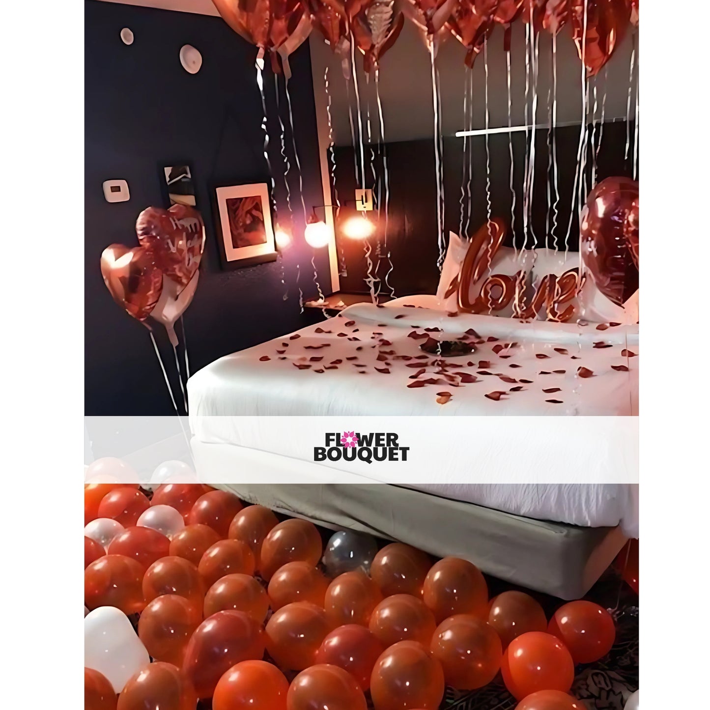 Romantic room decoration with pink rose petals, heart-shaped pink balloons, a large teddy bear, and soft lighting creating a dreamy and loving atmosphere.