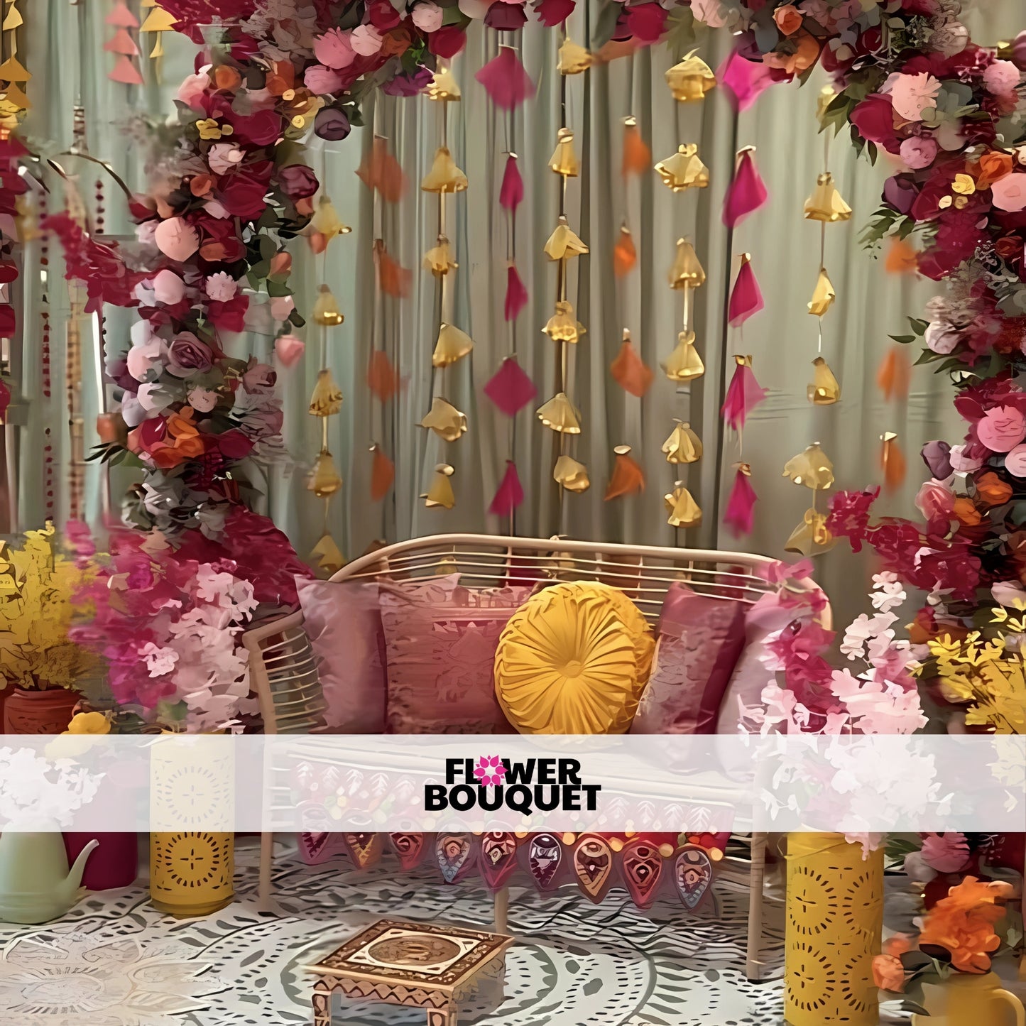 Mehndi corner decor with a floral arch, tassels, a rustic sofa with colorful cushions, and lanterns for a cozy and festive look.