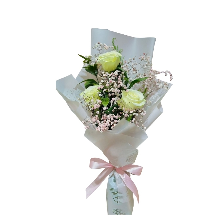 Small flower bouquet featuring three creamy white roses and pink baby's breath wrapped in white butterfly-patterned paper with a pink ribbon.