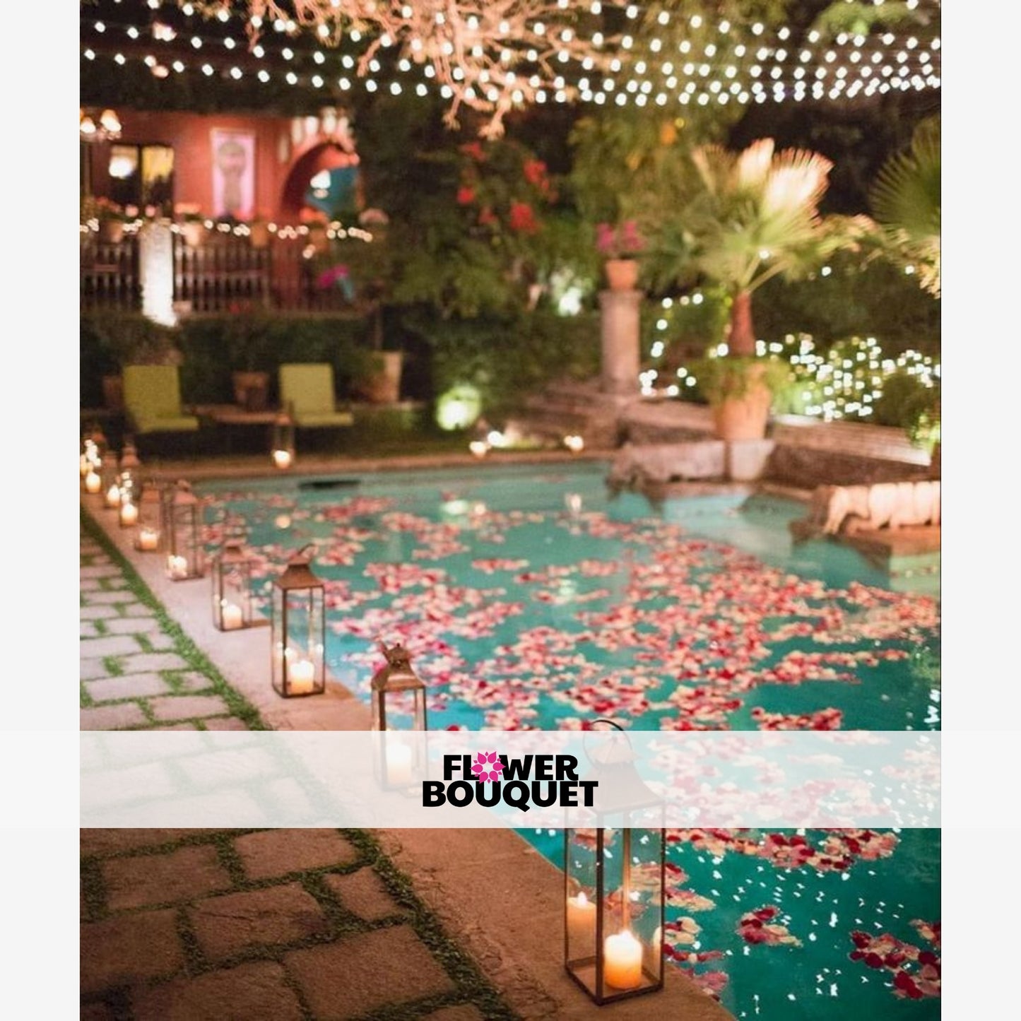 A serene and enchanting nighttime scene featuring a lush, flower-filled pool surrounded by a cozy, historic-style building adorned with twinkling lights, creating a magical and romantic ambiance.