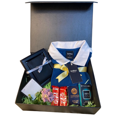 Trendy men’s gift box with Outfitters polo shirt, wallet, pocket perfumes, and KitKat chocolates