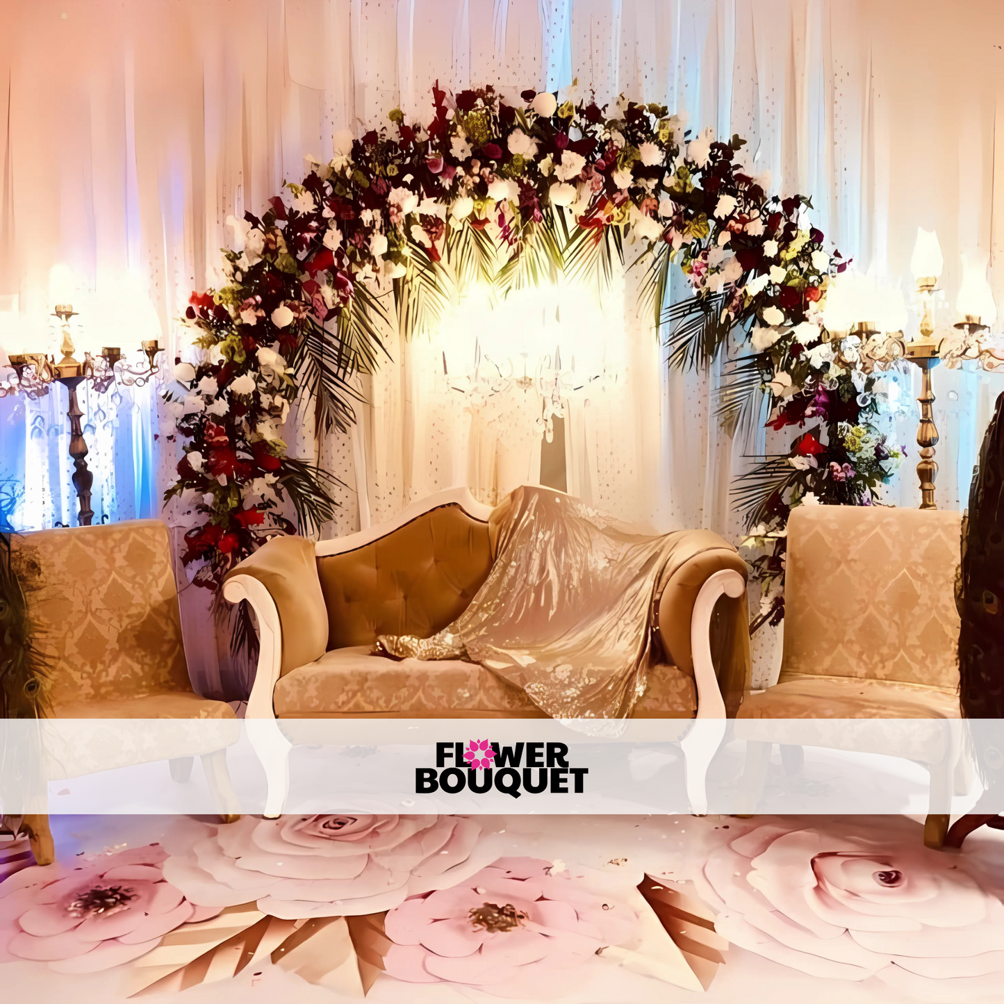 Wedding stage featuring a floral arch with red, white, and purple flowers, gold and cream seating, and a warm white backdrop with candelabra-style lamps.