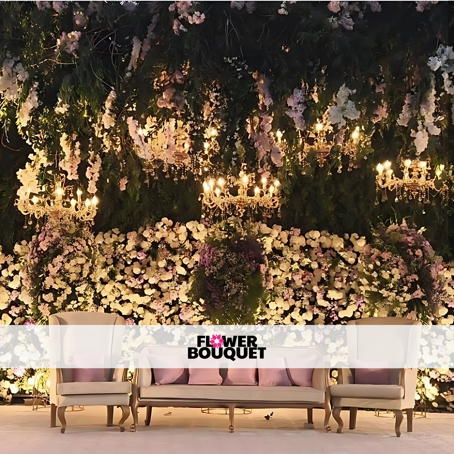Wedding stage featuring a lush floral wall with pastel and white blooms, crystal chandeliers, and elegant beige seating, perfect for luxurious events.