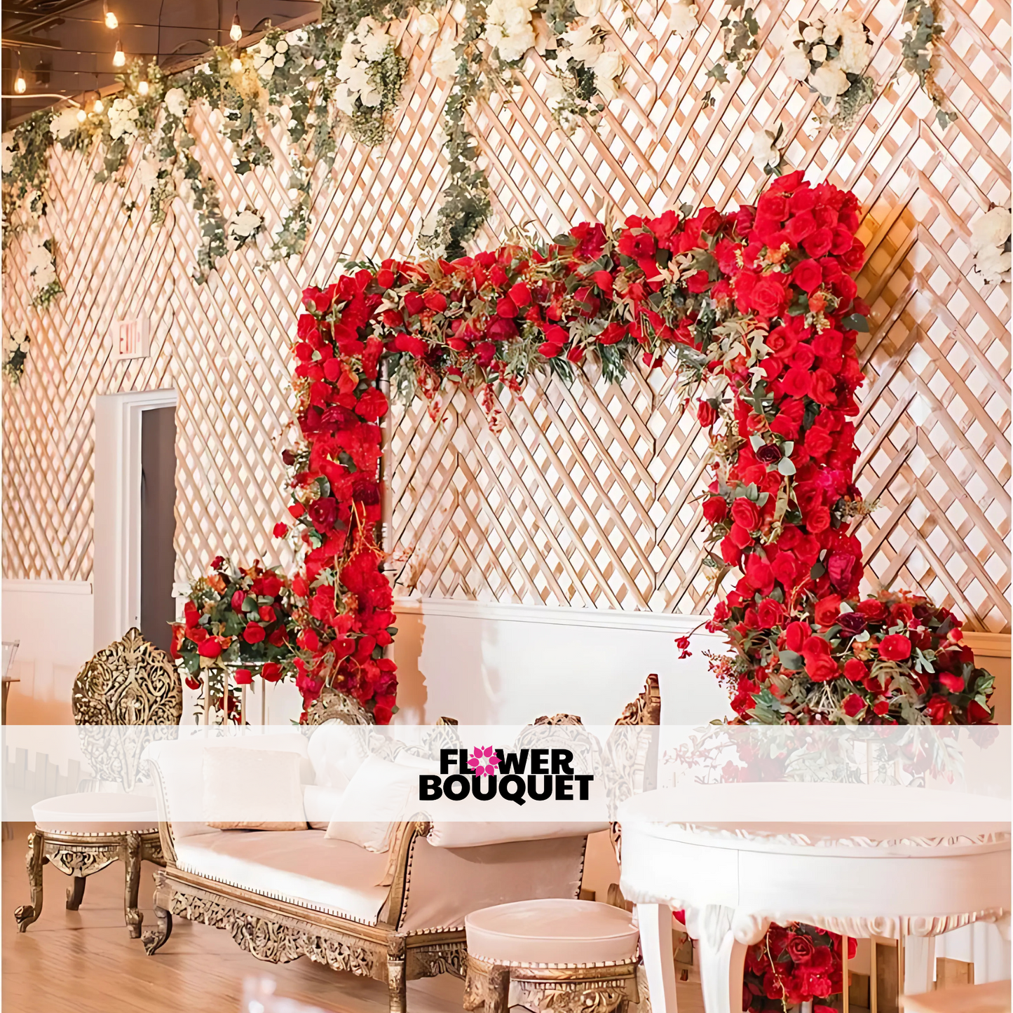 Wedding stage featuring a red rose floral arch, lattice wall with white florals, and vintage gold seating, perfect for romantic events.