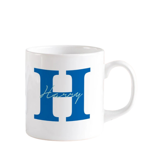 White ceramic alphabetic mug with blue letter design – stylish personalized coffee mug for gifting