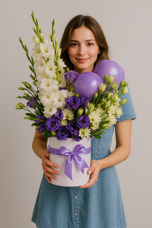 White hatbox with purple and white fresh flowers, gladiolus and lavender balloons – ideal for birthday and get well gifting in Pakistan