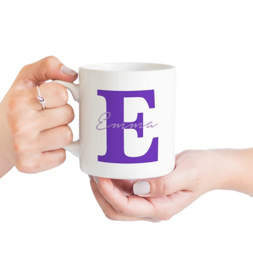 White ceramic alphabetic mug with blue letter design – stylish personalized coffee mug for gifting