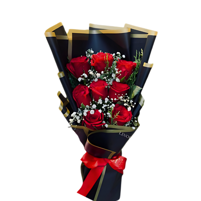 red rose with baby breathes