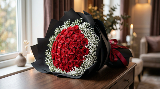Luxury red rose bouquet with baby’s breath in elegant black wrapping and ribbon, premium flower gift arrangement for romantic occasions in Pakistan
