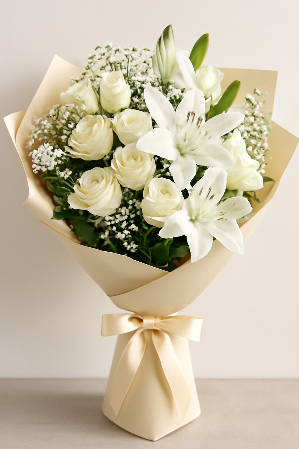 A bouquet of fresh flowers featuring red roses, white lilies, and greenery wrapped in cream paper with a satin ribbon.