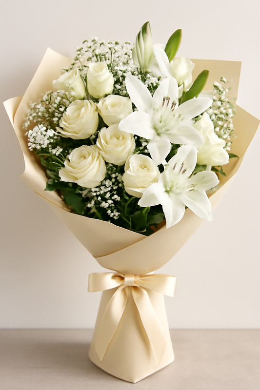 A bouquet of fresh flowers featuring red roses, white lilies, and greenery wrapped in cream paper with a satin ribbon.