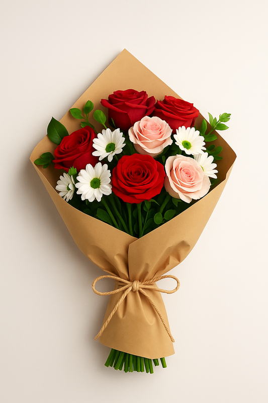 Rustic bouquet with red roses, pink roses, and white daisies wrapped in brown kraft paper.
