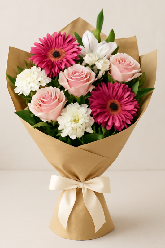 A bouquet of fresh flowers featuring pink gerbera daisies, soft pink roses, white chrysanthemums, and delicate alstroemeria, wrapped in kraft paper and tied with a white satin ribbon.
