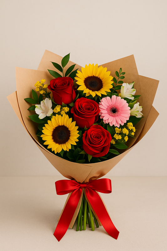 Birthday bouquet with red roses, sunflowers, and pink gerberas wrapped in kraft paper and tied with a red satin ribbon.
