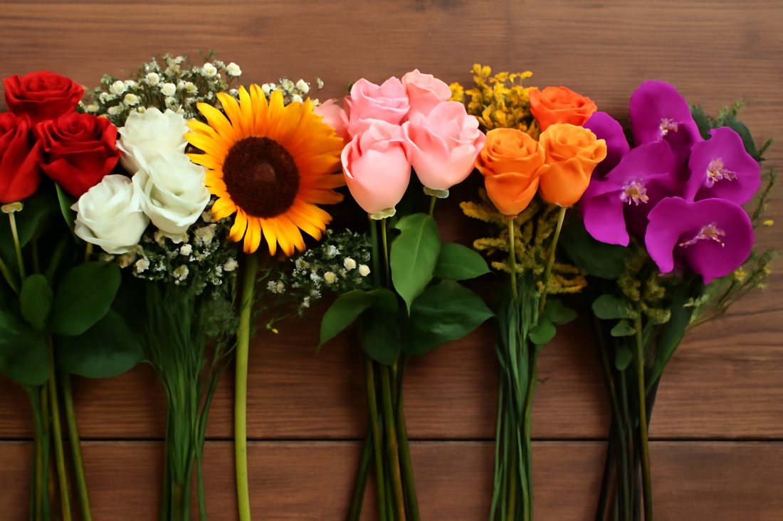 Flat-lay arrangement of six vibrant flower bouquets, each symbolizing different emotions: red roses for love, sunflowers for happiness, pink roses for grace, orange roses for energy, and purple orchids for admiration, placed on a wooden surface.