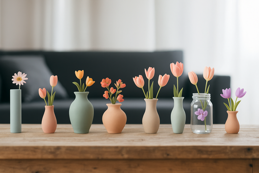 “Photorealistic image of different vase shapes with pastel flowers arranged on a rustic wooden table, with a blurred modern living room in the background.”