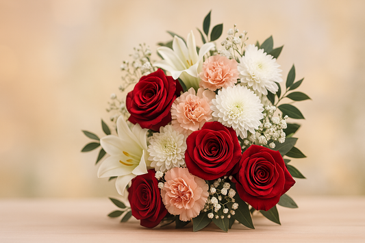 “Elegant winter wedding bouquet with red roses, white lilies, pink carnations, white chrysanthemums, and baby’s breath against a soft warm background, symbolizing the top flowers for a winter wedding.”