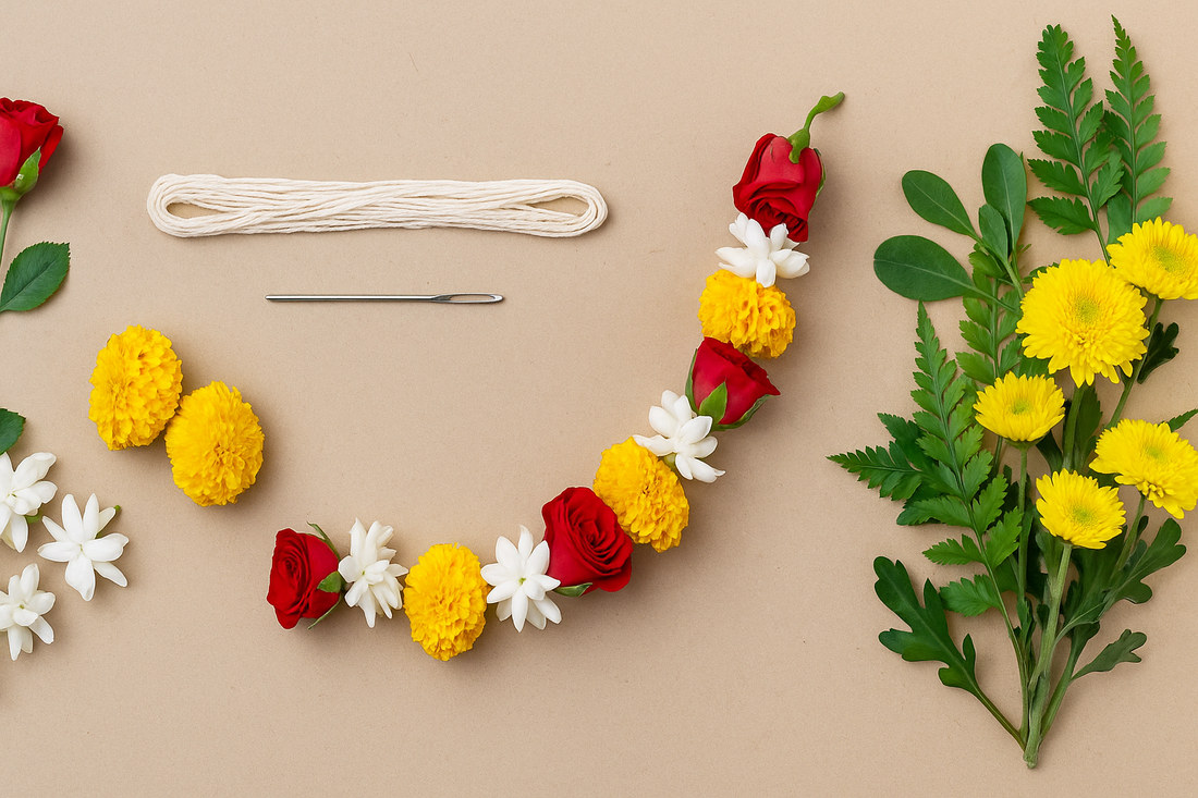 “Fresh flower garland in progress with red roses, jasmine, marigolds, chrysanthemums, thread, and needle arranged on a neutral background – step-by-step guide by FlowerBouquet.pk”