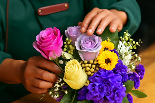 Florist in a green apron carefully arranging a vibrant bouquet of pink, lavender, yellow roses, purple flowers, and green berries, with soft lighting highlighting the delicate flowers and their textures.