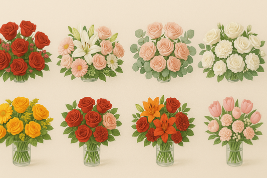 Eight different floral arrangements displayed in glass vases, featuring roses, lilies, daisies, tulips, and mixed flowers in various colours, representing bouquets suitable for different occasions and emotions.