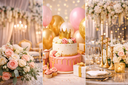 Elegant celebration setup featuring wedding flowers, a birthday cake with balloons, and stylish event décor with candles and floral arrangements in Pakistan