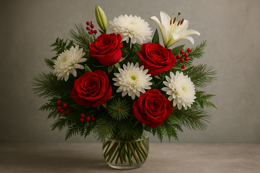 Winter flower arrangement featuring red roses, white chrysanthemums, pine greenery, and soft seasonal florals styled in a clean studio setup for a Pakistani floral store banner.