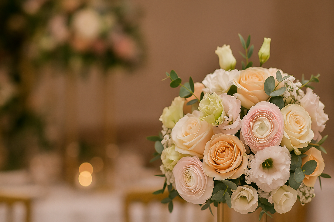 Elegant wedding flower bouquet with pastel roses, ranunculus, and lisianthus arranged with greenery, perfect for bridal décor and wedding planning in Pakistan – flowerbouquet.pk