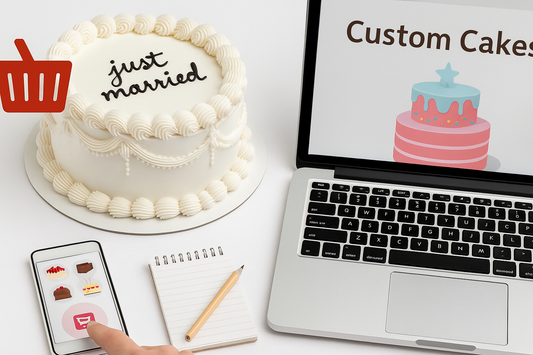 Flat lay of a white decorated cake with a smartphone showing cake options and a laptop displaying custom cakes, representing online cake ordering in Pakistan
