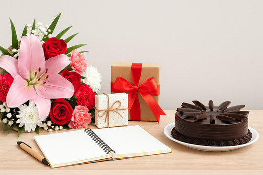 Teachers’ Day gifts in Pakistan featuring fresh flower bouquet with lilies, roses, carnations, wrapped presents, and chocolate cake for same-day delivery