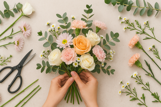 Professional flat lay of a vibrant flower arrangement featuring peach roses, white roses, pink carnations, chrysanthemums, and greenery with scissors and stems on a pastel background, styled for a DIY flower arrangement blog banner.