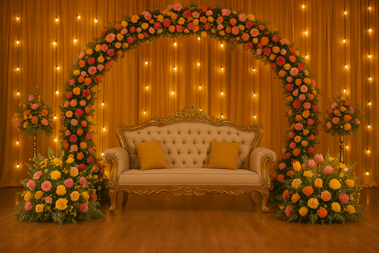A luxurious Pakistani wedding stage decorated with marigold garlands, roses, sunflowers, golden drapes, chandeliers, and floral arches, designed for mehndi, baraat, and walima celebrations.