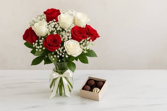 Elegant bouquet of red and white roses with baby’s breath in a glass vase, tied with a satin ribbon, placed beside a box of assorted chocolates on a marble table — styled for an apology-themed blog on FlowerBouquet.pk