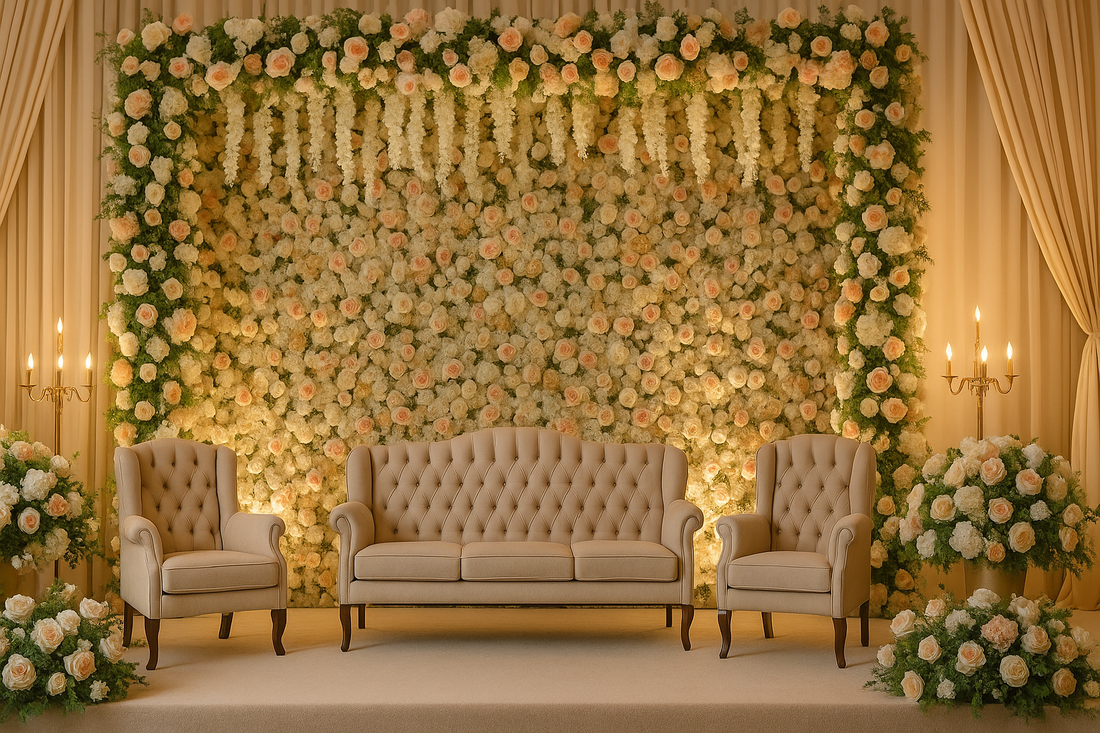 Elegant Pakistani wedding stage decoration 2025 with a luxury floral wall of roses and wisteria, pastel flower arrangements, chandeliers, and stylish seating