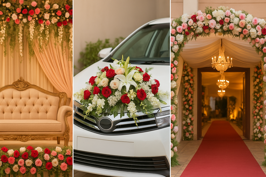 Pakistani wedding stage with floral backdrop, bridal car decorated with roses and lilies, and a venue entrance adorned with flower arches and chandeliers for 2025 wedding décor