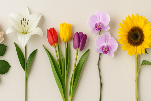 A creative arrangement of different flower types including roses, white lily, colorful tulips, pink orchids, and a bright sunflower displayed side by side on a neutral background.