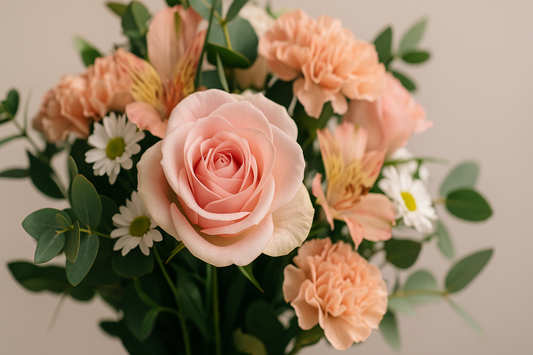 Elegant bouquet of white roses, pink lilies, and orchids arranged on a soft pastel background, symbolizing apology and forgiveness.