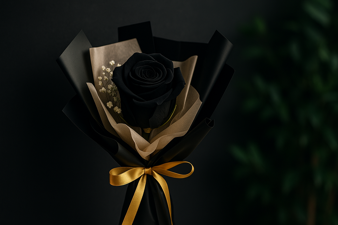 Elegant black rose bouquet wrapped in matte black and beige paper with a golden ribbon — luxury floral arrangement symbolizing mystery, elegance, and sophistication for blog or gifting visuals.
