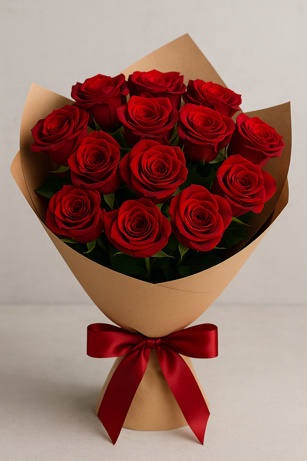 A premium bouquet of deep red roses wrapped in kraft paper and tied with a red satin ribbon—ideal for romantic occasions and same-day delivery.